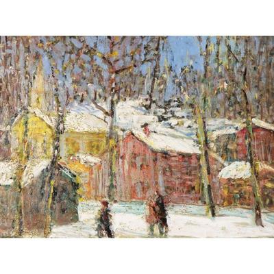 DAVID DALY (NEW YORK, 20TH CENTURY) WINTER SCENE | The Village Street Oil on Masonite 15.75 x 12 in. Showing figures in a snowy landscape...