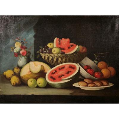 AMERICAN SCHOOL PRIMITIVE STILL LIFE (19TH CENTURY) | Tabletop still life with watermelons, fruits, and flowers oil on canvas No apparent...