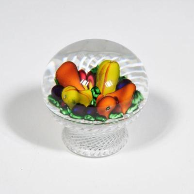 SAINT-LOUIS MILLEFIORI FRUIT BASKET PAPERWEIGHT | Designed as a basket of fruit suspended in a clear crystal orb, base Interior marked 