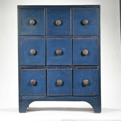 19th C. BLUE PAINTED APOTHECARY CABINET | Late 19th/ early 20th-century 9-drawer apothecary cabinet painted a rich navy blue, with wooden...