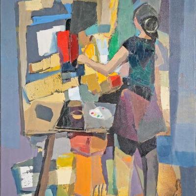 STEFAN LOKOS (Hungarian/ American, 1913-1994) | Artist in the studio 36 x 24 in., stretcher Signed lower right within an applied wood...