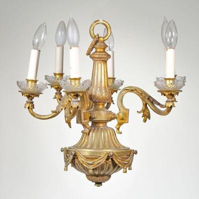 ANTIQUE DORE BRONZE CHANDELIER | Having six lights, finely cast with fluting, acanthus leaves, garland drapery and ropework, cut glass...