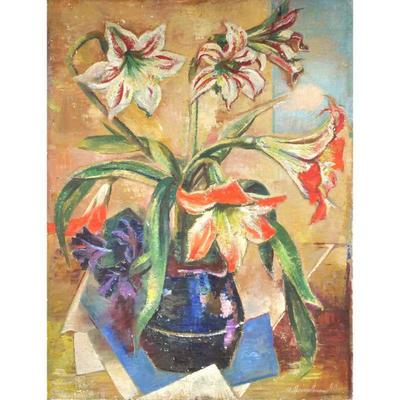 ALBERT HENSELMANN (AMERICAN, 1890-1974) STILL LIFE | Amaryllis Aus Dem Garten, 1949 Oil on canvas; 34 x 26 in. ; Titled, signed, and...