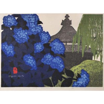 KIYOSHI SAITO (JAPANESE, 1907-1997) | June, Kamakura (Hydrangea Flowers at Hasedera), 1971 16 x 22 in., sight. w. 30.5 x h. 25.5 in., frame
