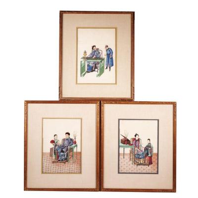(3pc) CHINESE GOUACHE ANCESTRAL PORTRAITS | Painted on rice paper, including a man and a woman in imperial armchairs with attendants...