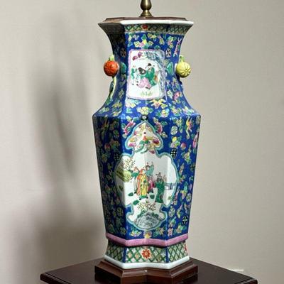 CHINESE ENAMELED GEOMETRIC BALUSTER LAMP | Ceramic section 18 in - l. 8 x w. 6 x h. 33 in. (overall)
