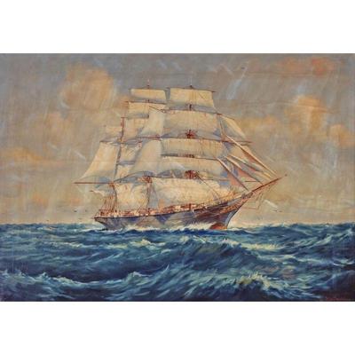 JOHN DAVIDSON SHIP PAINTING | A three-masted clipper ship. Oil on canvas. 27 x 38 in., stretcher Signed lower right - w. 46 x h. 35 in....