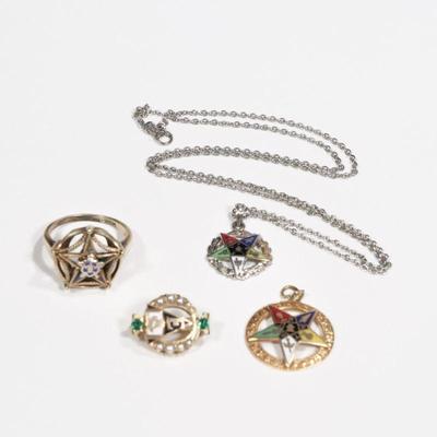 (4pc) GOLD MASONIC & OTHER JEWELRY | Including a 10k enameled star form masonic ring (size 6, 4.5g); a 10k gold and enamel sorority pin...
