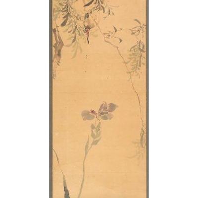 SCROLL PAINTING | Ink on paper. Showing a bird perched on a branch above a purple flower h. 46.5 x 10.75 in., sight - w. 16 x h. 68 in....