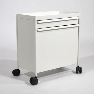HERMAN MILLER OE1 TROLLEY | Small white filing cabinet with thin upper drawer and fold out file bin on casters - l. 20 x w. 11 x h. 22 in.
