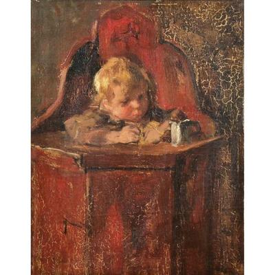 AMERICAN IMPRESSIONIST SCHOOL (19TH CENTURY) CHILD'S PORTRAIT | child in a high chair Oil on canvas laid on board 12.5 x 9.75 in. no...