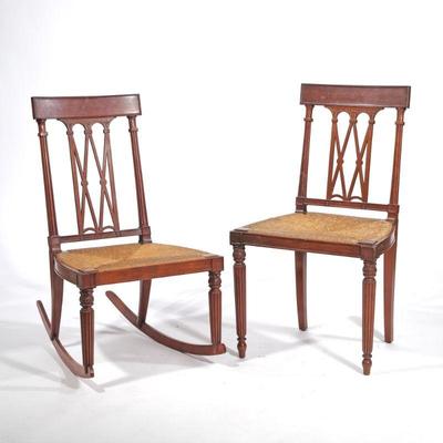(2pc) A.H. DAVENPORT (CAMBRIDGE, MA) CHAIRS | Two ballroom side chairs, one converted to a rocking chair - l. 22 x w. 20.5 x h. 27 in....