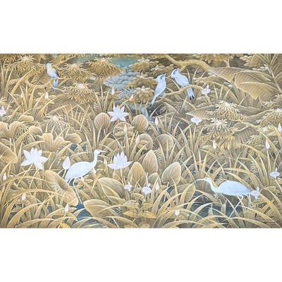 M.D. NGURAH / UBUD PAINTING | Birds and foliage in a riverscape 52 x 33 in., stretcher Balinese painting, signed lower right - w. 56 x h....