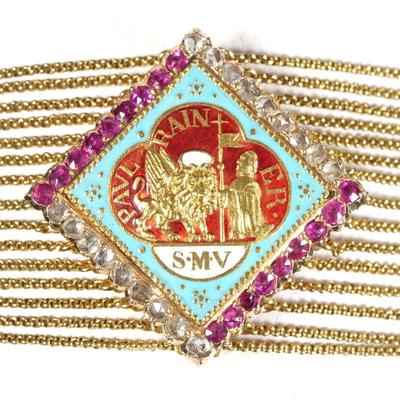 ANTIQUE VENETIAN ENAMEL, RUBY & DIAMOND & GOLD BRACELET | Designed as a square medallion enamel decorated with the crest of 