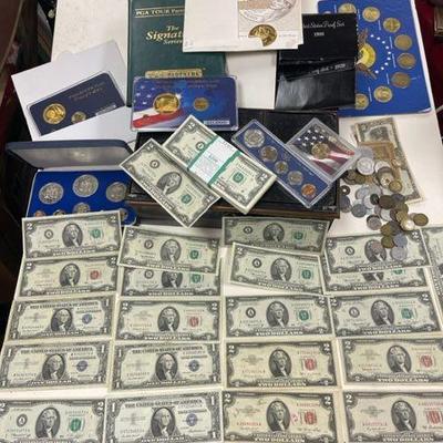 Strong box over $240 Face Value in  currency, Silver Certificates, Two Dollar Bill pack, collector us coin packs loose coins, foreign...