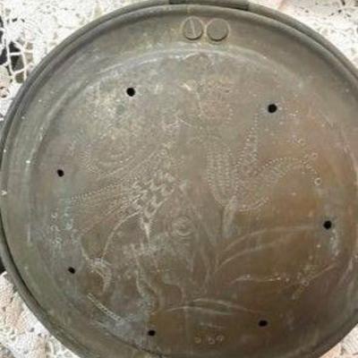 Antique Copper Bed Warmer. Top is etched in a beautiful Folk-art Design with Pheasants 