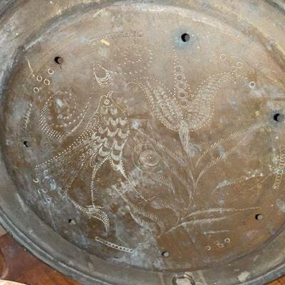 Antique Copper Bed Warmer. Top is etched in a beautiful Folk-art Design with Pheasants 