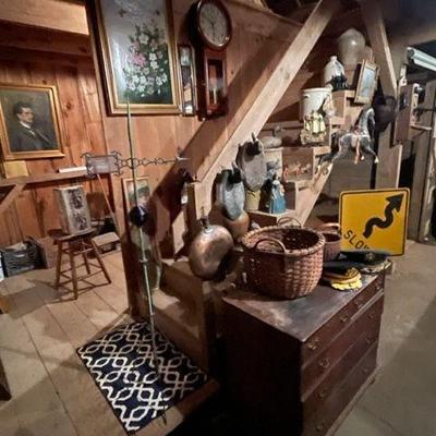 A mixed lot of treasures in this photo, Antique Weathervane, pottery , rare early American Clock, antique dresser circa 1790, early...