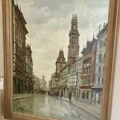 Original oil painting European cityscape
