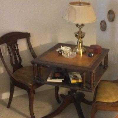 Living room table, antique chairs
