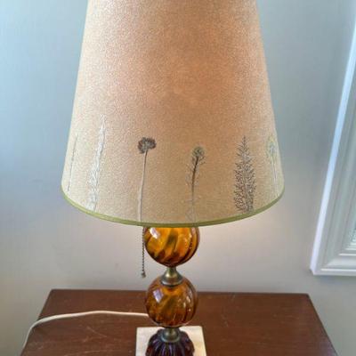 Deep Amber Glass & Marble Base Lamp With Botanical Shade