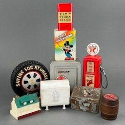 Vintage Tin Litho Gas and Other Novelty Banks
