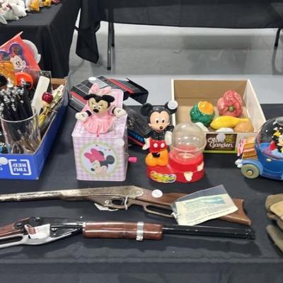 Daisy BB guns, Mickey Jack in the Box, Mickey Gumball Machine, Glass fruit, Mickey Music Boxes, Military Hats, Smaller Military Bags