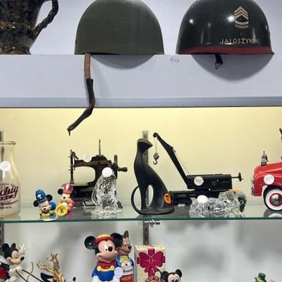 Military Helmets, Adler Brau Coaster and Bottle, Utschig Dairy Bottle, Mini Sewing Machine, Viking Glass, Goelbel Cat, Crane Car, mini...