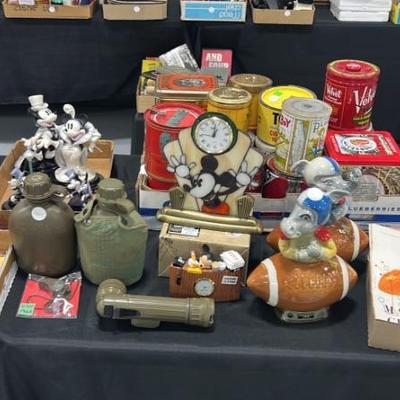Military Whistle, Canteens, Flashlight - Jim Beam Political Decanters, Mickey Mouse Clocks, Tobacco Tins