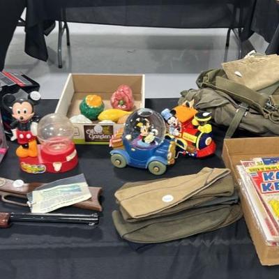 Mickey Gumball dispenser, Military Hats, DAISY BB guns, Mickey Music Boxes, Glass Fruit, Vintage Comics