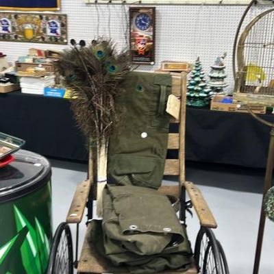 Antique Wheelchair, Military Bags, Peacock Feathers, Birdcage on Stand