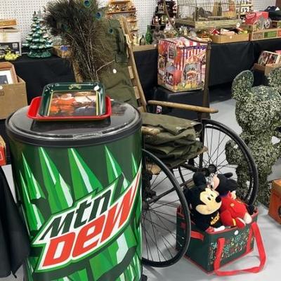 Full-Size Mountain Dew Convenience Store Cooler, Antique Wheelchair, Mickey Plush, Mickey Topiary