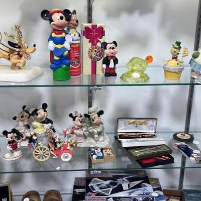 Drinking Bear, Mickey and Minnie Hallmark and Lenox Figures, Uranium Glass Buffalo, Candy Containers, Pabst Tapper, Vintage Pen Sets, 