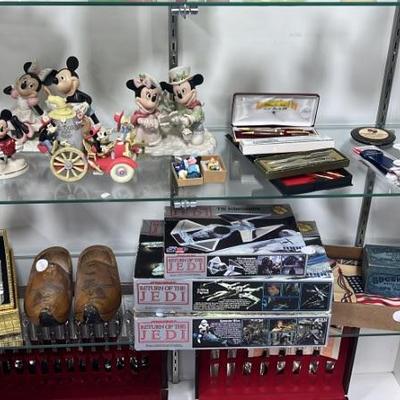Hallmark and Lenox Disney Figures, Vintage Pen Sets, Star Wars Jedi Models, Dutch Wood Shoes, Watch Set, Tobbaciana Lot, 
