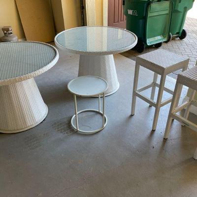 Frontgate white wicker tables and bar stools 