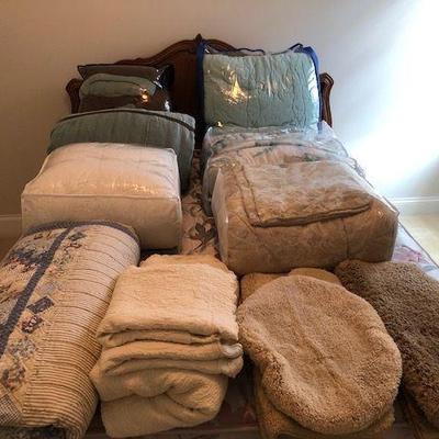 Blue quilt and neutral bath set are SOLD! Tan bath rug plush $2; Antique cram bedspread with pillow shams $5; White plush comforter $20;...