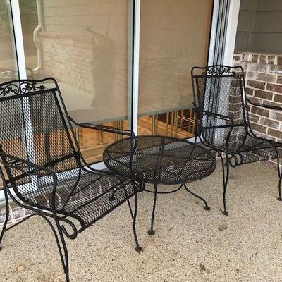 Outdoor Patio Set: two chairs and a table; Chairs in good condition; Table in fair condition-but can be painted! Chairs sold as set only...