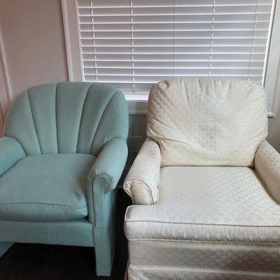 Plush chairs:
Light green good condition $25
Off white - fair condition $20