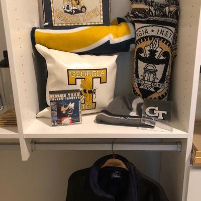 Georgia Tech Collection: Jacket $20; Throw blanket $10; Light weight blanket $3 Pillow (not cloth) $5; Hat $3; Canvas Print $5 GT Silver...