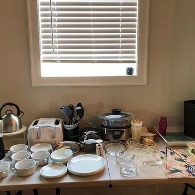 Kitchen items: Electric can opener, Silver tea pot, Toaster, Cuisenart Set, and Steamer $5 each; All other items $1 each  (Steamer needs...