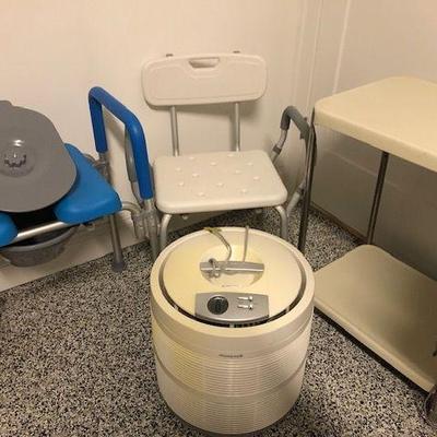 Health Aids for Elderly: bedside commode $40; Shower chair $10 Tray Cart on wheels $5  Air purifier $10
