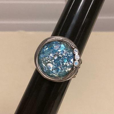 MMS117 Sterling Silver Roman Glass Ring Size 7.75