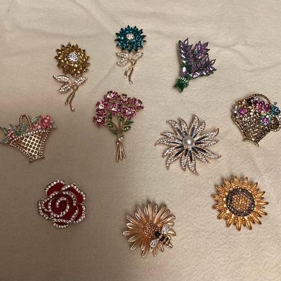 MMS028 Ten Floral Costume Jewelry Brooches 