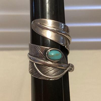 MMS021 Sterling Silver Feather Shaped Ring With Turquoise Stone Size 9