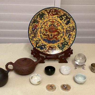 MMS101 Chinese Clay Teapots, Dragon Plate, Jade Bowls, Souvenir Coins & More!