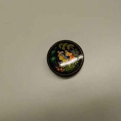 Russian Lacquer box with musician and two ladies pill box