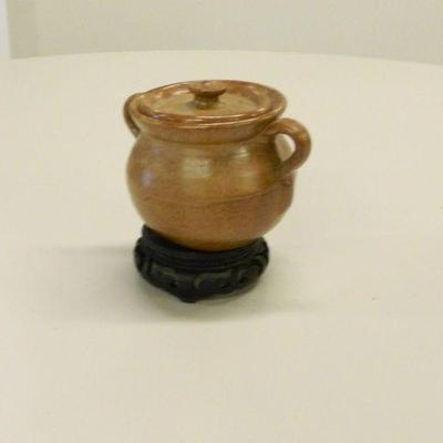 Seagrove lidded pot with handles signed M. L. Owen