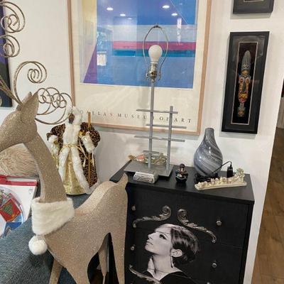 Artwork, Pair of Glitter Reindeer almost 5ft tall, Barbra Streisand black chest with 3 drawers, Decorative African Art in shadow boxes