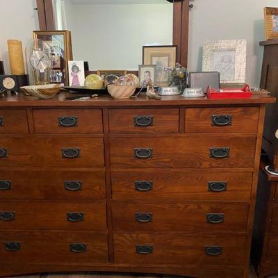 Solid Wood Chest, 13 drawers, matching end tables by Durham furniture with attached mirror