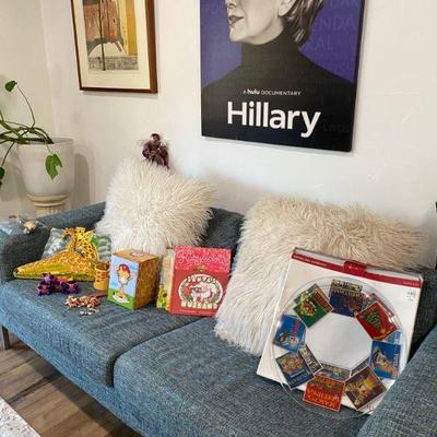 Turquoise Tweed fabric couch, Hillary poster and more